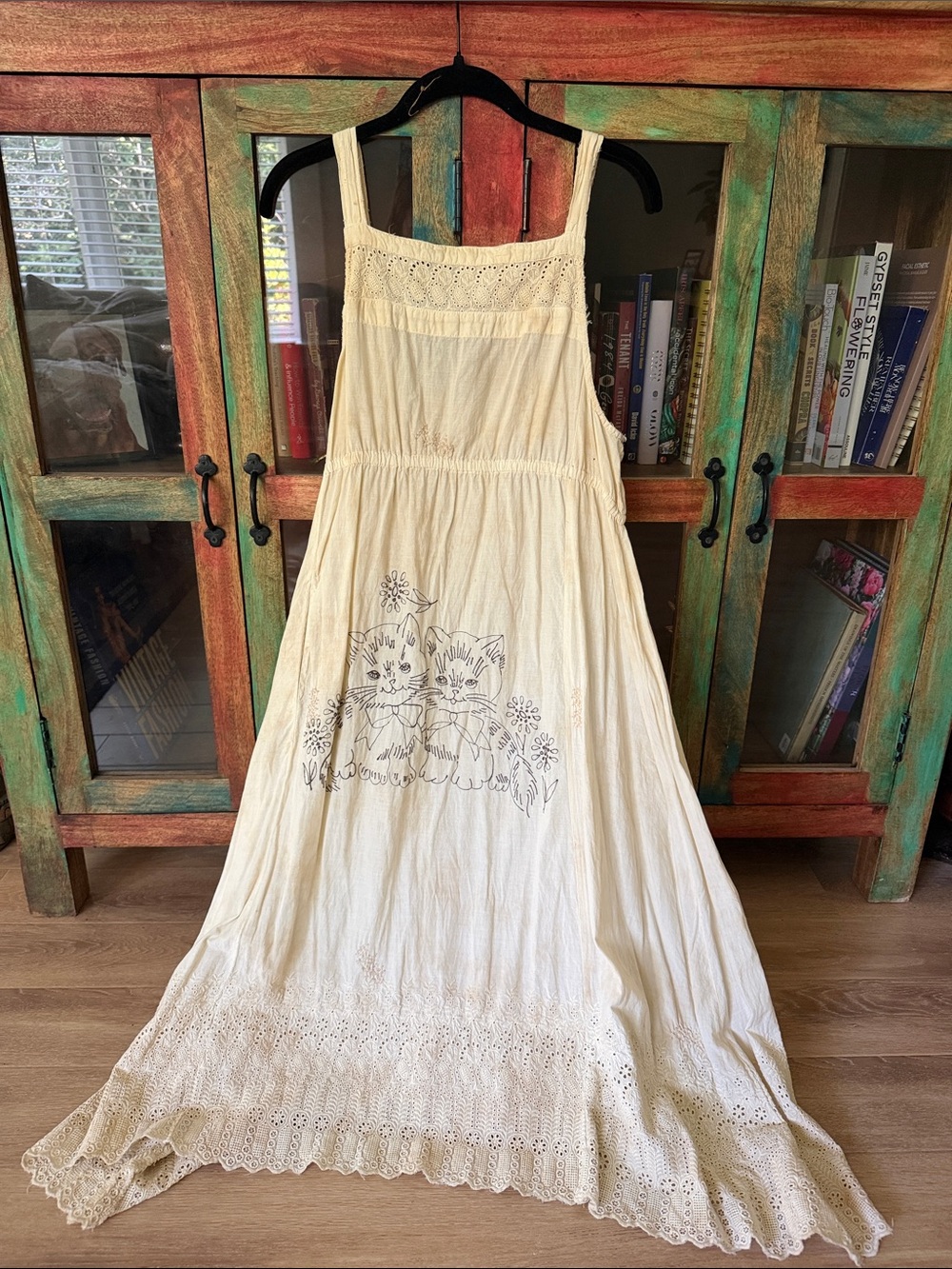 OOAK MAGNOLIA PEARL Cream Cotton Maxi Dress with Kitten Embroidery